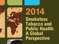 A graphic with the text “Smokeless Tobacco and Public Health: A Global Perspective“. There is an image grid using rectangles with some rounded corners. Two of the boxes have a maps: one with a view of North and South America, the other with Africa and Europe. Another box is a photo of a man holding a tobacco leaf.