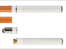 Two views of an e-cigarette; one, the e-cigarette in its entirety, appearing very similar to a regular cigarette with orange-brown filter and white body. The second view shows the three pieces that make up the e-cigarette separately: the “filter”, a metallic middle section, and the top white section. 