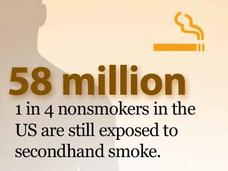 A data graphic with the text “58 million 1 in 4 nonsmokers in the US are still exposed to secondhand smoke.” The background contains a silhouette of a man and a smoking cigarette icon. The CDC logo and www.cdc.gov/vitalsigns/tobacco are at the bottom of the graphic.