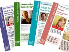 Four brochures from the National Cancer Institute with information about understand cancer treatment and managing side effects. Each brochure has a photo of a different person and uses a individual color for design.