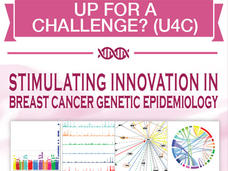 A collage image titled “Up for a challenge? (U4C)”. The title is displayed in a banner. Below that, an icon of a DNA strand. Below that, text that reads “Stimulating innovation in breast cancer genetic epidemiology”. Four images, side-by-side, show different data visualizations. 