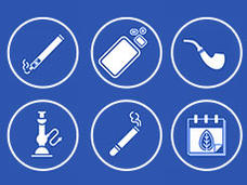 Six white circular icons on a blue background displaying tobacco-related items: a cigarette, vaping device, pipe, hookah/water pipe, e-cigarette, and a calendar with a no-smoking symbol.