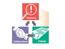 NCI TTC FY16 Technology Transfer Metrics. Discover, Collaborations and Patents lead to Licensing. Counter clockwise: 156 Invention Reports; 4,529 CTA/MTA/CDAs signed; 64 New CRADAs; 319 Active CRADAs, 71 New Issued Patents; 146 New Licenses.