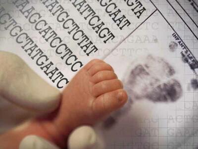 A closeup of a latex gloved hand holding a newborn’s foot over a piece of paper with the newborn’s inked footprint. To the left of the footprint, the letters ACGT repeat in different patterns.