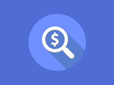 An icon of a magnifying glass with a dollar sign inside is set against a blue background.