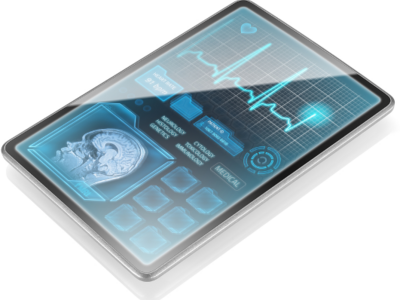 Image of a tablet computer showing heart rate and other medical information.