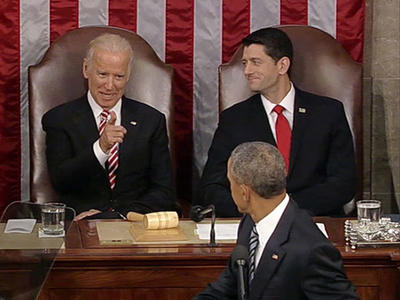 Speaker Ryan and President Obama look at VP Biden during the State of the Union address