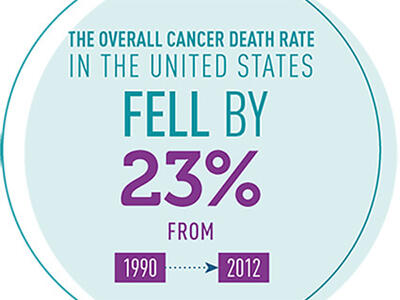 Factoid that reads “The overall cancer death rate in the United States fell by 23% from 1990 to 2012”. “Fell by 23%” is substantially larger than the rest of the text.