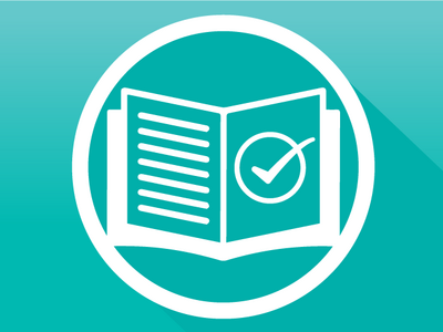 Icon showing a white open book with lines of text and a checkmark symbol, set within a circular design on a teal gradient background.