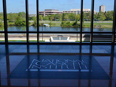 Lobby floor of the NCI building with NCI logo