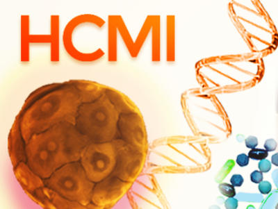 HCMI banner collage of cancer cells, DNA and pills with a male doctor speaking to an older patient in a hospital bed holding spouse's hand