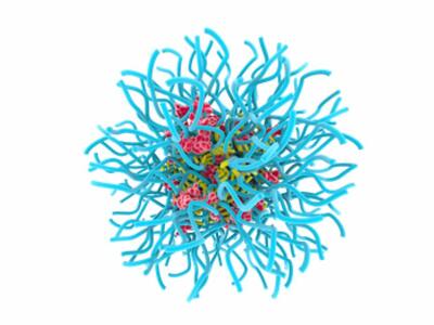 A computer generated image of a nanoparticle micelle. The main section shows clumps of red and yellow against each other, with long light-blue strands emerging from the main cluster.