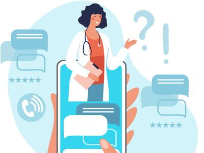 A cartoon depicting the idea of a doctor speaking with another doctor via video on a cell phone.