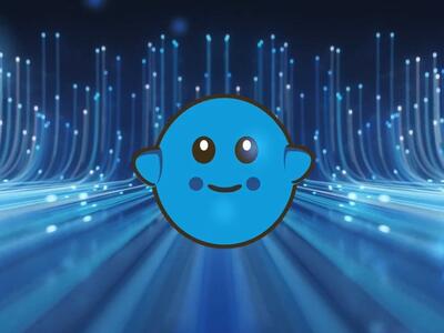 A blue, round character with large, shiny black eyes and a smiling expression floats in front of a background. The background is a futuristic scene with vertical lines of light and glowing dots, giving a sense of a digital or high-tech environment.