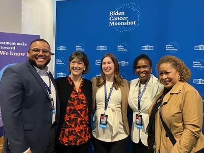  Dr. Marvin Langston, Dr. Monica Bertagnolli, Dr. Laurie McLouth, Dr. Leeya Pinder, and Dr. Sanya Springfield at the White House Demo Day event.