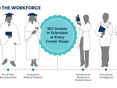 Infographic showing the stages of scientific career development with silhouettes of individuals representing different stages: Middle/High School Students, Pre- & Post-Baccalaureates, Graduate & Medical Students, Postdoctoral Research & Clinical Fellows, Early-Career Investigators, and Established Investigators. In the center, a badge states, "NCI Invests in Scientists at Every Career Stage."