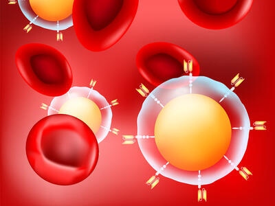 An illustration of CAR t-cells and red blood cells on a red background