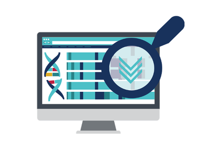 Computer screen showing DNA, with a magnifying glass highlighting part of the screen.