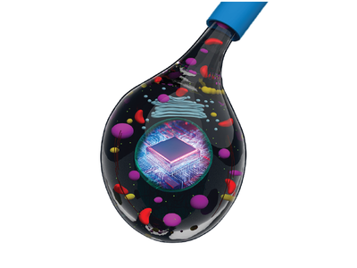 Cartoon of a drop coming out of a pipette with a synthetic cell including a computer chip