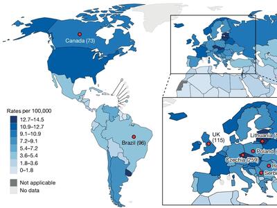 A map of the world showing rates of kidney cancer by country. The highest rates are in Lithuania, Czechia, and Uruguay..