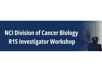 NCI Division of Cancer Biology R15 Investigator Workshop (June 26 - 28, 2024) banner with the image of a person giving a presentation with a flip chart at a meeting with a group. 