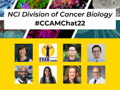 NCI Division of Cancer Biology #CCAMChat22; Sept. 22 (8:00 - 8:30 pm ET) & Sept. 27 (6:00 - 6:30 pm ET); Photos of panelists, including Dr. Beth Lawlor, Dr. Troy McEachron, the Evan Foundation, Elizabeth Mendes, Dr. Wayne Liang, Dr. Mariella Filbin, Dr. Louai Labanieh, and Dr. Tim Cripe.