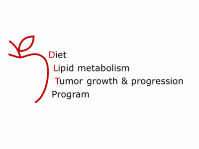 icon of a red apple next to the following words: Diet, Lipid Metabolism,  Tumor growth and Progression Program