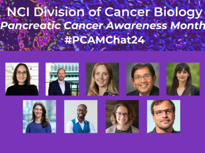 NCI DCB Pancreatic Cancer Awareness Month Twitter/X Chat image with Drs. Cukierman, Halbrook, Kiemen, Maitra, Steele, Sherman, Oni, DelGiorno, & Olive