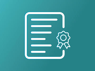 Silhouette icon of a document with a award ribbon on the bottom right on a teal gradient background