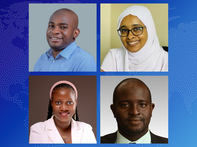Four headshots in a grid with blue borders