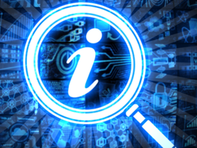 Abstract blue technical background with a magnifying glass focused on the letter 'i'.