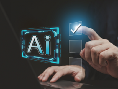 The letters "A.I." hover overtop a keyboard. A finger checks the first of three boxes that appear to the right. Image signifies the importance of adhering to guidelines when developing artificial intelligence. 