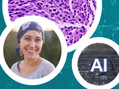 Image of a woman with a head covering an image of cells above her and the text AI to the right of her 