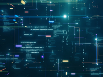 Colored lines and shapes are highlighted against a dark background. Depicts the topic, "bioinformatics,” a technology that uses a computational approach to find new healthcare solutions.