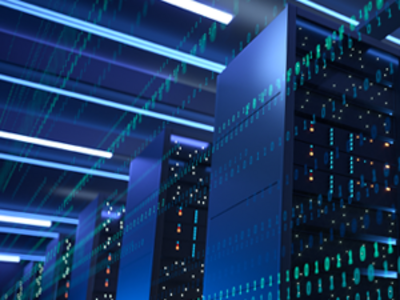 Data center full of rack servers and super computers in rows.