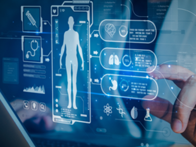 holographic icons representing various types of medical imaging data, with a person with a finger raised to tap one. 