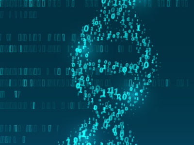 Teal DNA strand made up of code