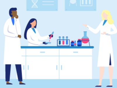 Three illustrated scientists wearing lab coats and working with tools in a lab. Tools include a beaker, bottles, test tubes, and a pipette. Posters on the wall behind the scientists show DNA, flasks, and test tubes.