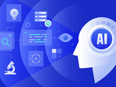Head with the letters “A.I” shows how AI can help “see” research in a new way. The head is focusing on icons that represent pathology, research, imaging, and ideas—all of which come together to create a new perspective for cancer research. 