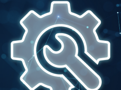 Gray gear on an abstract blue background with a gray wrench in the center of it.