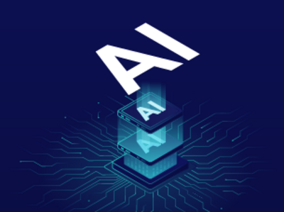 Image of a small square that reads "AI" in white, with larger letters reading "AI" above it floating in the air. Blue bacground.