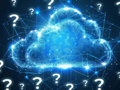 Brightly colored cloud is surrounded by question marks. Depicts the idea, "Is the Cloud for me?"