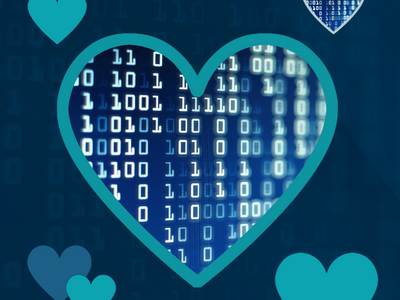 Numerical data points within a heart graphic, surrounded by other hearts. All shades of blue.