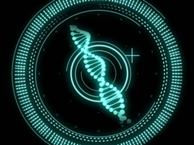  A strand of DNA is shown inside a brightly colored circle. A second circle highlights a portion of the DNA and is designated by an “+”. Depicts how high-tech tools are being used to better understand genetics.