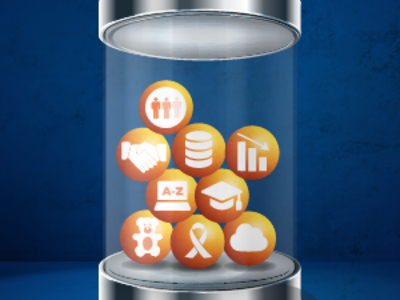 Illustration of a clear-glass capsule that houses multiple balls that depict icons referencing data types. This includes icons of statistics, childhood cancer, cloud, and partnerships.
