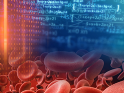 In the foreground, stacked red blood cells. In the background, numbers, letters, and mathematical equations.