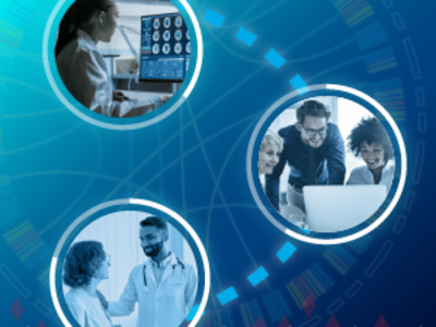 Three circles depict three separate but connected events. The first features a researcher looking at medical scans, the second is a team gathered around a laptop, and the third shows a doctor with a patient.