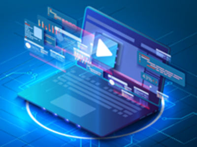Illustration of laptop overlayed with holographic applications and browsing windows; the background is an illuminated circuit board, symbolizing computational processing.