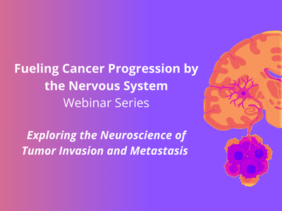 Image of a nerve cell in the brain connected to a purple tumor next to the following text: Fueling Cancer Progression by the Nervous System Webinar Series; Exploring the Neuroscience of Tumor Invasion and Metastasis