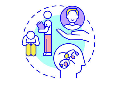A icon containing three distinct scenes within a dotted circle. The first shows a seated person with their head bowed while a person with a clipboard stands next to them; the second shows a side view of a hand with a circle containing a smiling head floating above the hand; the last shows a silhouette of a head with squiggly lines where the brain would reside.